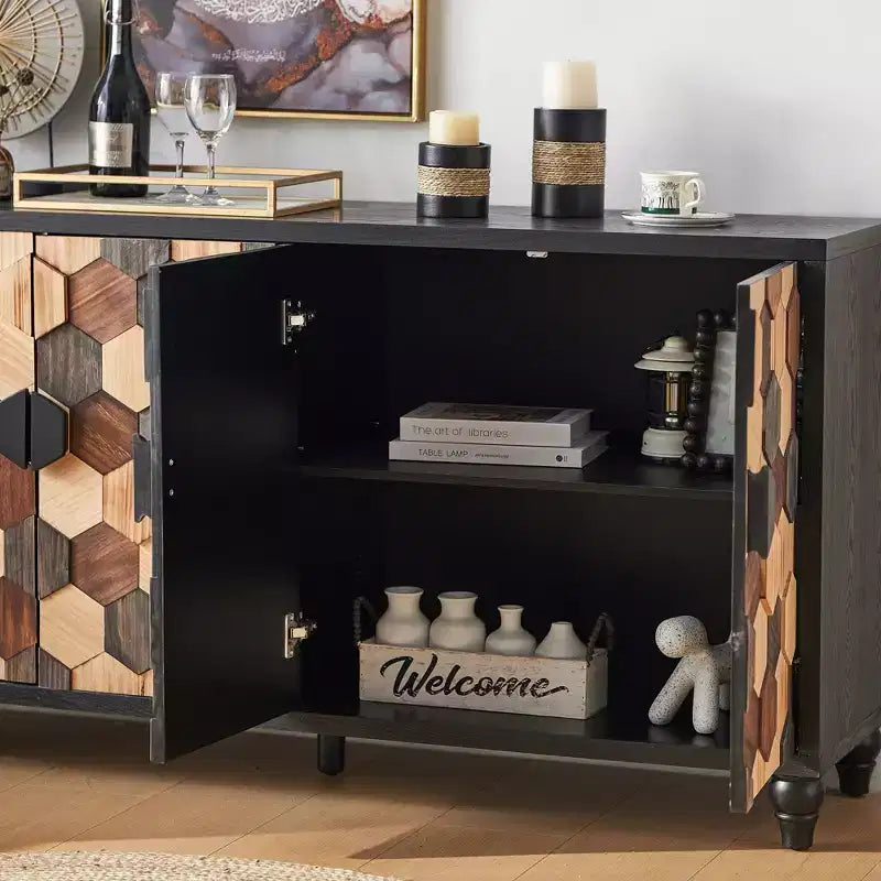 GDFStudio Lyra Modern 60 Wooden Honeycomb Pattern Sideboard Buffet Cabinet with 4 Doors