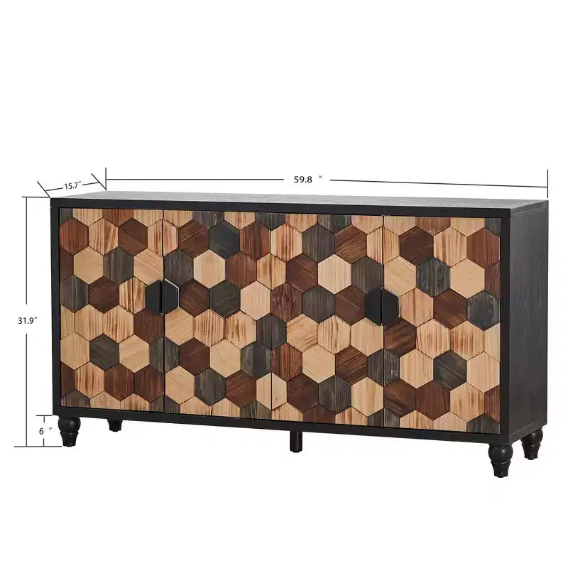 GDFStudio Lyra Modern 60 Wooden Honeycomb Pattern Sideboard Buffet Cabinet with 4 Doors