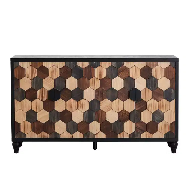GDFStudio Lyra Modern 60 Wooden Honeycomb Pattern Sideboard Buffet Cabinet with 4 Doors