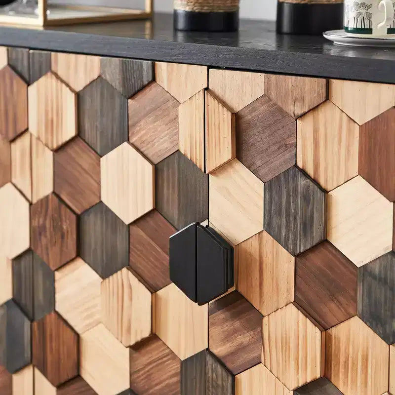 GDFStudio Lyra Modern 60 Wooden Honeycomb Pattern Sideboard Buffet Cabinet with 4 Doors