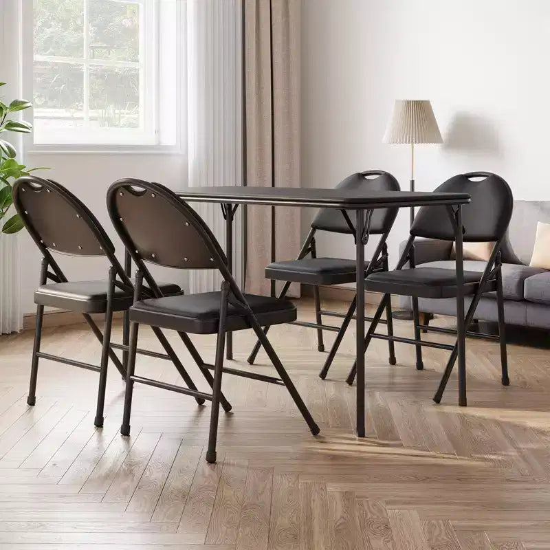 Folding Table 4 Foot with Upholstered PU Leather Tabletop, Heavy Duty Metal Legs, Collapsible Design & Shelf Bracket, No Assembly Required