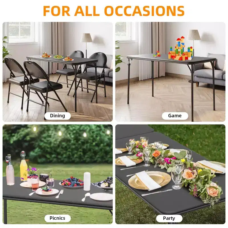 Folding Table 4 Foot with Upholstered PU Leather Tabletop, Heavy Duty Metal Legs, Collapsible Design & Shelf Bracket, No Assembly Required