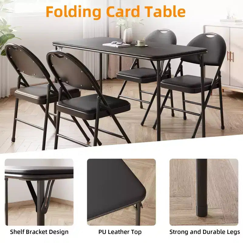 Folding Table 4 Foot with Upholstered PU Leather Tabletop, Heavy Duty Metal Legs, Collapsible Design & Shelf Bracket, No Assembly Required