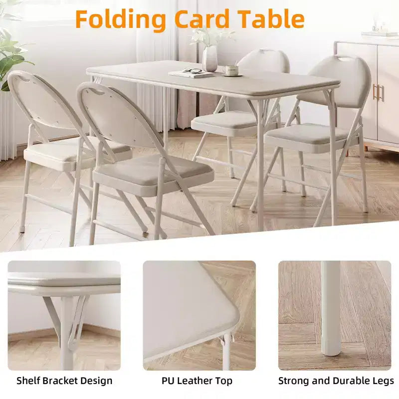 Folding Table 4 Foot with Upholstered PU Leather Tabletop, Heavy Duty Metal Legs, Collapsible Design & Shelf Bracket, No Assembly Required