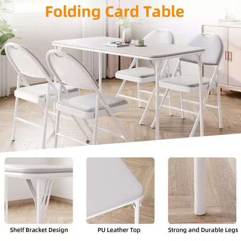 Folding Table 4 Foot with Upholstered PU Leather Tabletop, Heavy Duty Metal Legs, Collapsible Design & Shelf Bracket, No Assembly Required