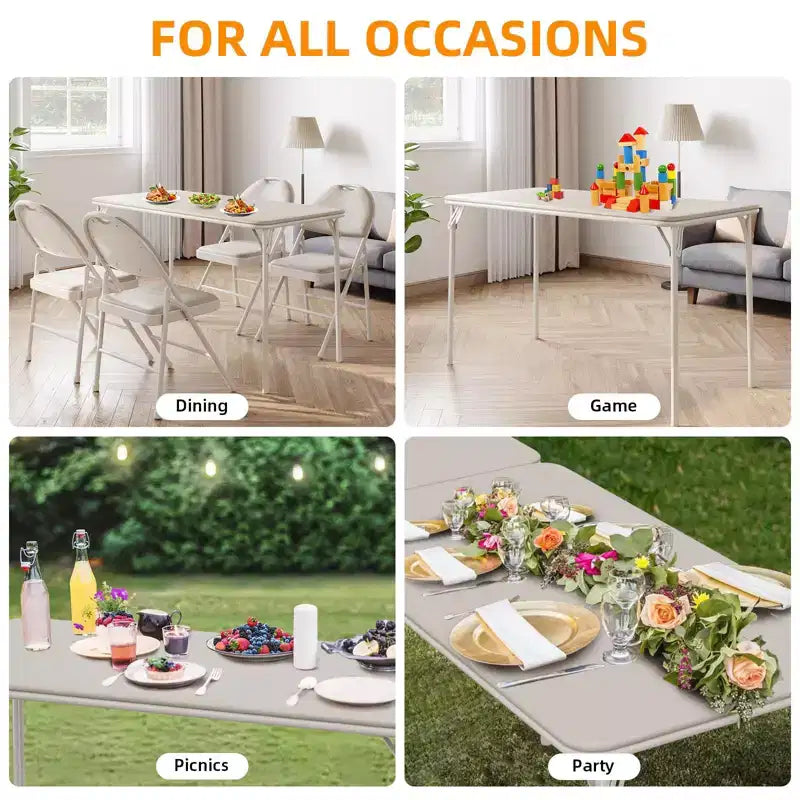 Folding Table 4 Foot with Upholstered PU Leather Tabletop, Heavy Duty Metal Legs, Collapsible Design & Shelf Bracket, No Assembly Required