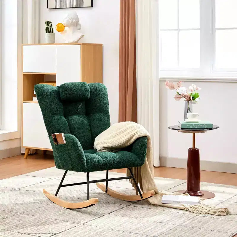 Nursery Rocking Chair,300Lb Glider Chair with Wood Legs/Two Side Pockets,Teddy Upholstered Glider Rocker with Padded Seat High Backrest