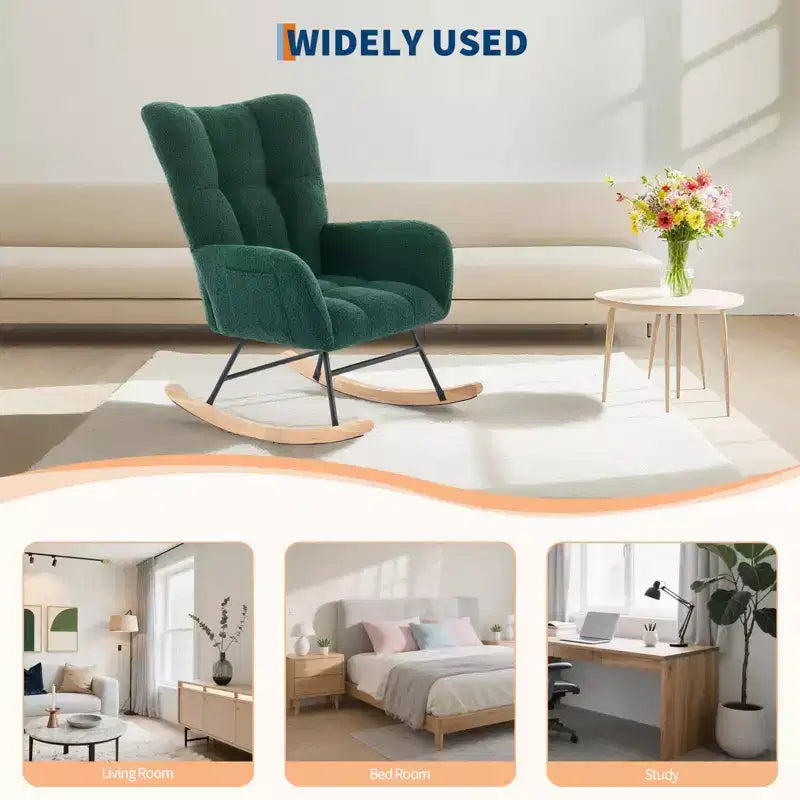 Nursery Rocking Chair,300Lb Glider Chair with Wood Legs/Two Side Pockets,Teddy Upholstered Glider Rocker with Padded Seat High Backrest