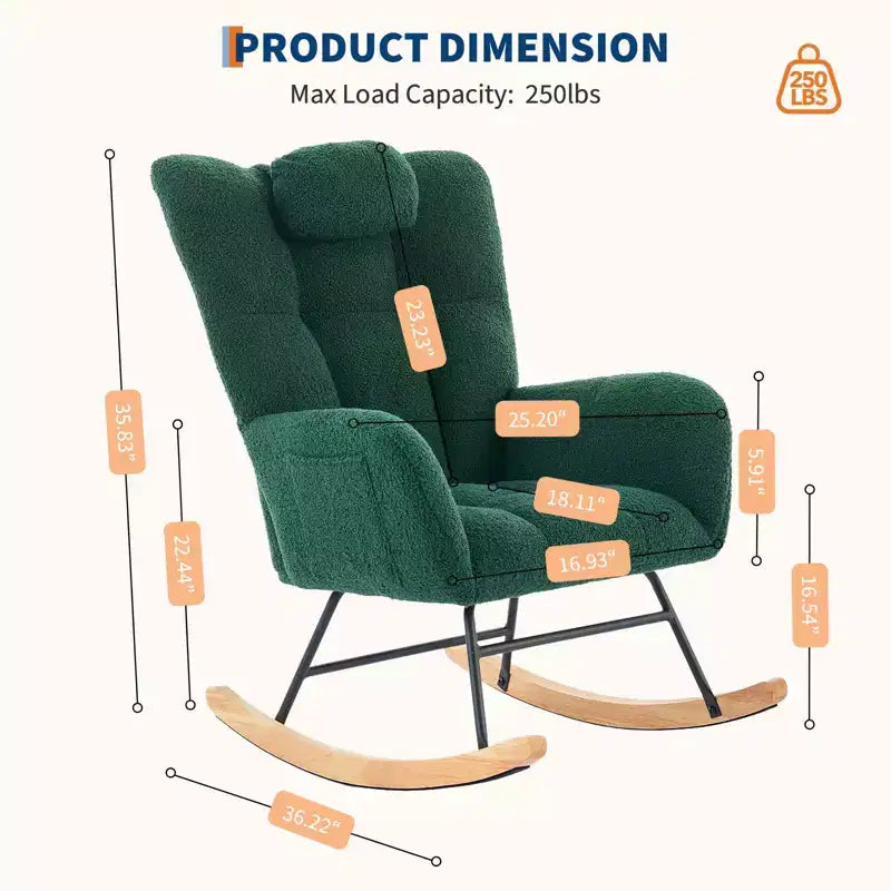 Nursery Rocking Chair,300Lb Glider Chair with Wood Legs/Two Side Pockets,Teddy Upholstered Glider Rocker with Padded Seat High Backrest