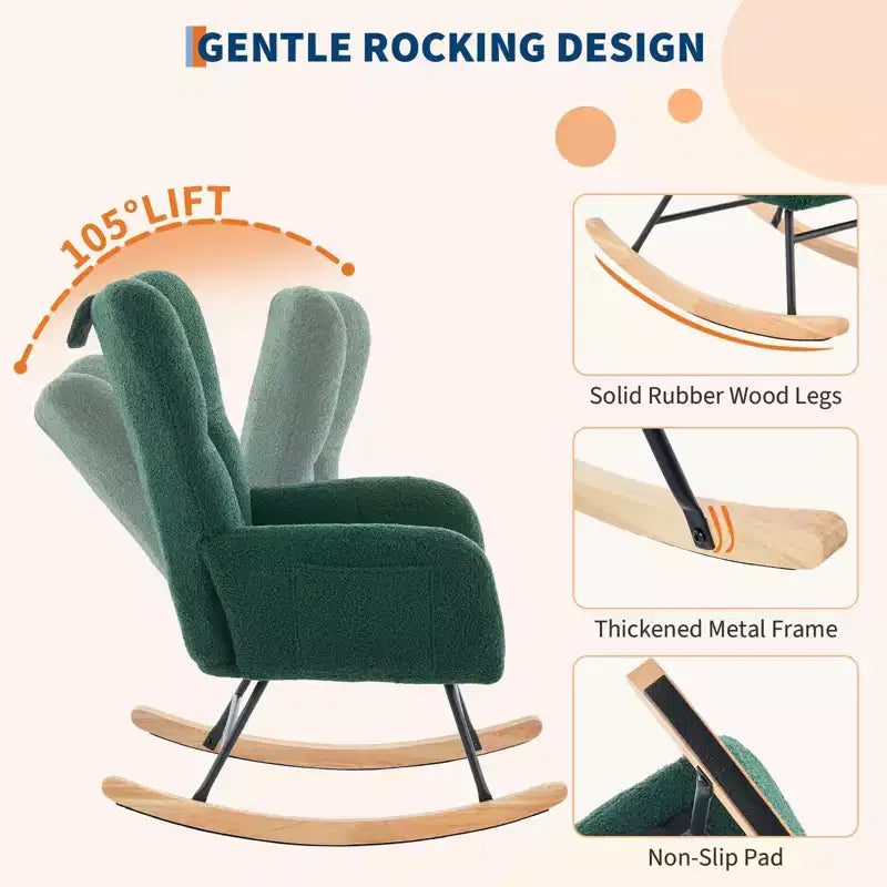 Nursery Rocking Chair,300Lb Glider Chair with Wood Legs/Two Side Pockets,Teddy Upholstered Glider Rocker with Padded Seat High Backrest