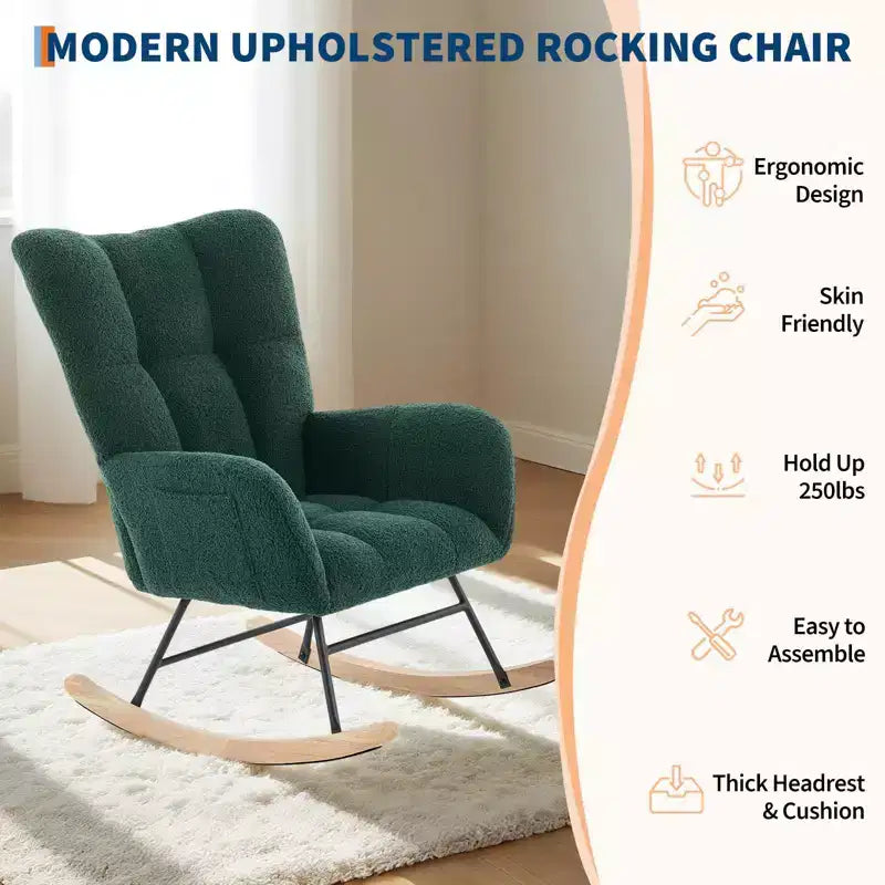 Nursery Rocking Chair,300Lb Glider Chair with Wood Legs/Two Side Pockets,Teddy Upholstered Glider Rocker with Padded Seat High Backrest