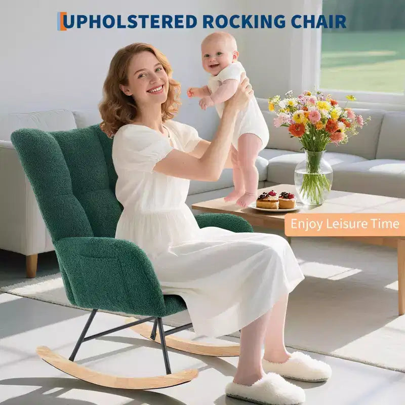 Nursery Rocking Chair,300Lb Glider Chair with Wood Legs/Two Side Pockets,Teddy Upholstered Glider Rocker with Padded Seat High Backrest