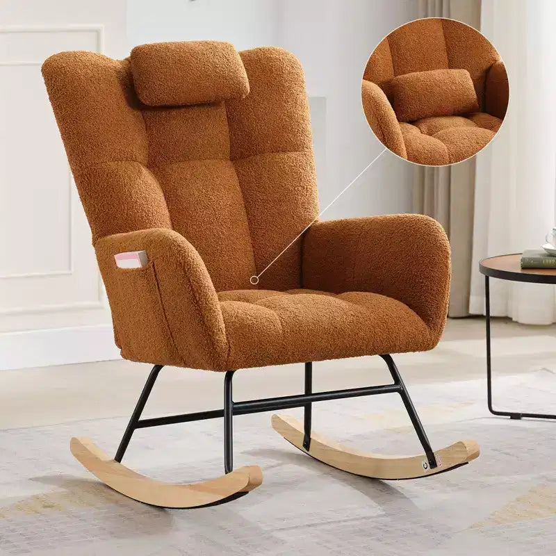 Nursery Rocking Chair,300Lb Glider Chair with Wood Legs/Two Side Pockets,Teddy Upholstered Glider Rocker with Padded Seat High Backrest