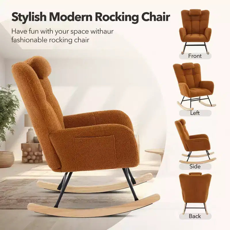 Nursery Rocking Chair,300Lb Glider Chair with Wood Legs/Two Side Pockets,Teddy Upholstered Glider Rocker with Padded Seat High Backrest