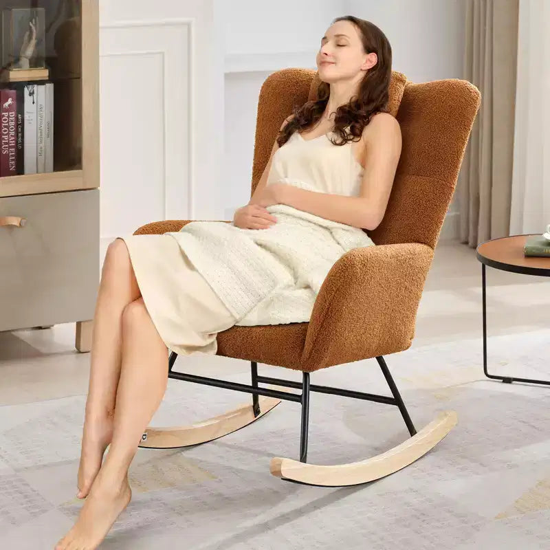 Nursery Rocking Chair,300Lb Glider Chair with Wood Legs/Two Side Pockets,Teddy Upholstered Glider Rocker with Padded Seat High Backrest