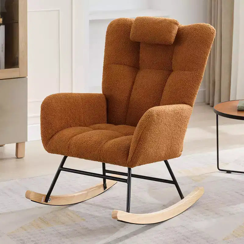 Nursery Rocking Chair,300Lb Glider Chair with Wood Legs/Two Side Pockets,Teddy Upholstered Glider Rocker with Padded Seat High Backrest