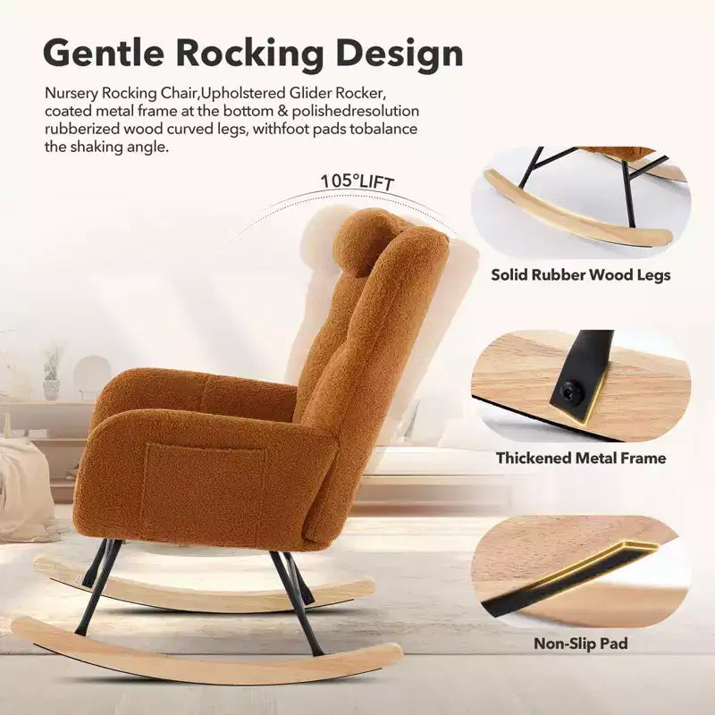Nursery Rocking Chair,300Lb Glider Chair with Wood Legs/Two Side Pockets,Teddy Upholstered Glider Rocker with Padded Seat High Backrest