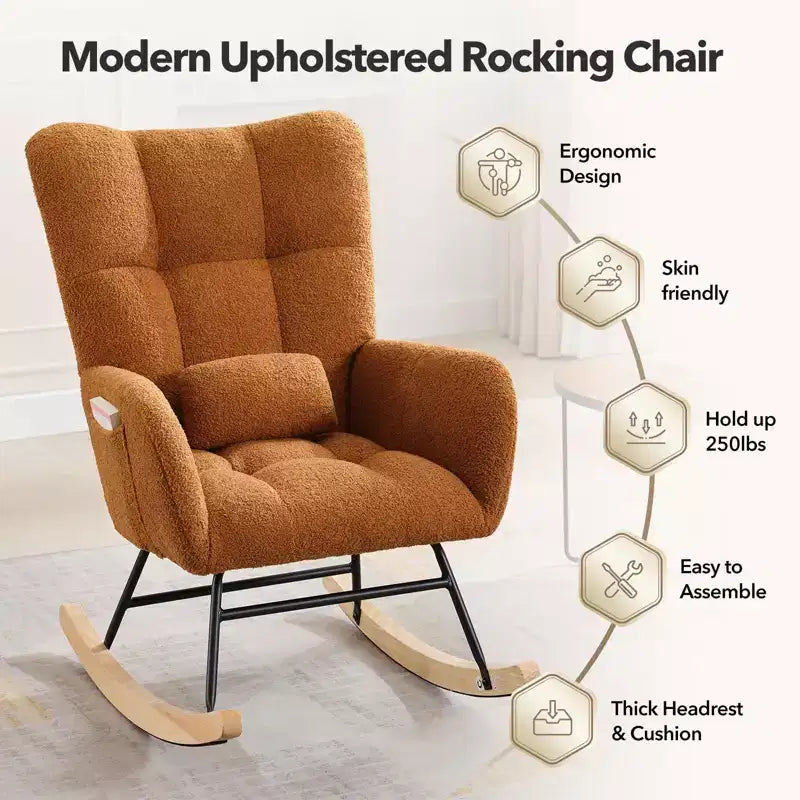 Nursery Rocking Chair,300Lb Glider Chair with Wood Legs/Two Side Pockets,Teddy Upholstered Glider Rocker with Padded Seat High Backrest