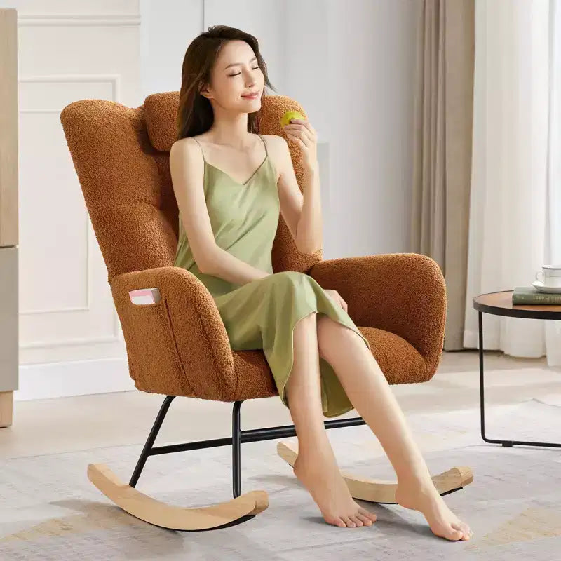 Nursery Rocking Chair,300Lb Glider Chair with Wood Legs/Two Side Pockets,Teddy Upholstered Glider Rocker with Padded Seat High Backrest
