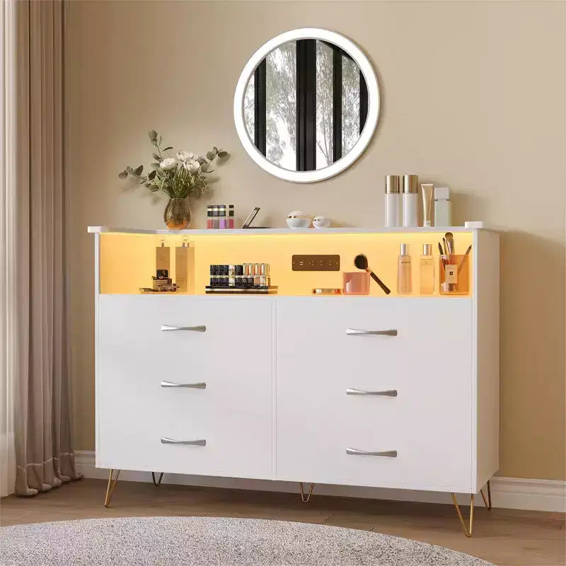 Bedroom vanity with LED lighting and charging station, featuring 6 wooden drawers and 2 tiers of shelving, suitable for living rooms and entryways.