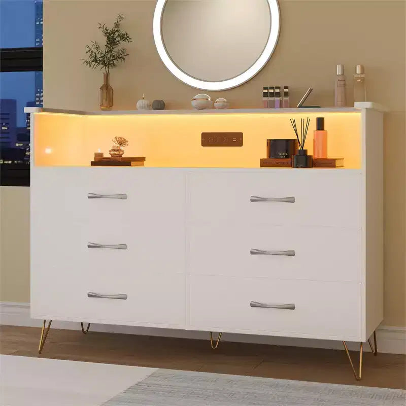 Bedroom vanity with LED lighting and charging station, featuring 6 wooden drawers and 2 tiers of shelving, suitable for living rooms and entryways.