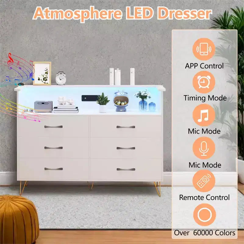 Bedroom vanity with LED lighting and charging station, featuring 6 wooden drawers and 2 tiers of shelving, suitable for living rooms and entryways.