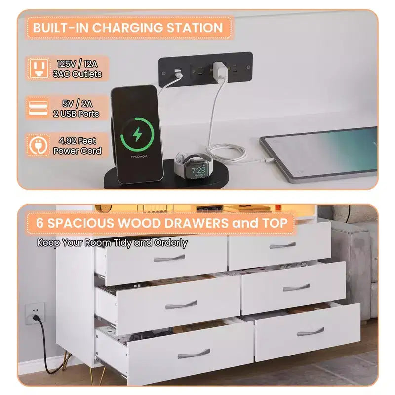 Bedroom vanity with LED lighting and charging station, featuring 6 wooden drawers and 2 tiers of shelving, suitable for living rooms and entryways.