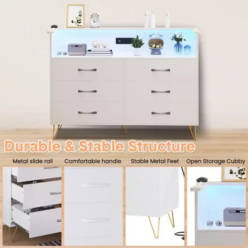 Bedroom vanity with LED lighting and charging station, featuring 6 wooden drawers and 2 tiers of shelving, suitable for living rooms and entryways.