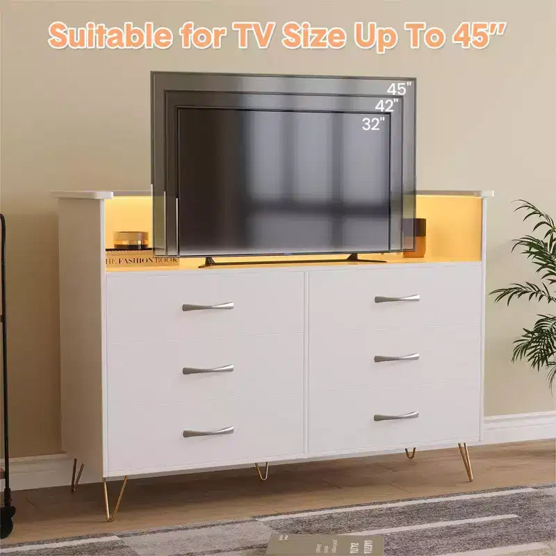 Bedroom vanity with LED lighting and charging station, featuring 6 wooden drawers and 2 tiers of shelving, suitable for living rooms and entryways.