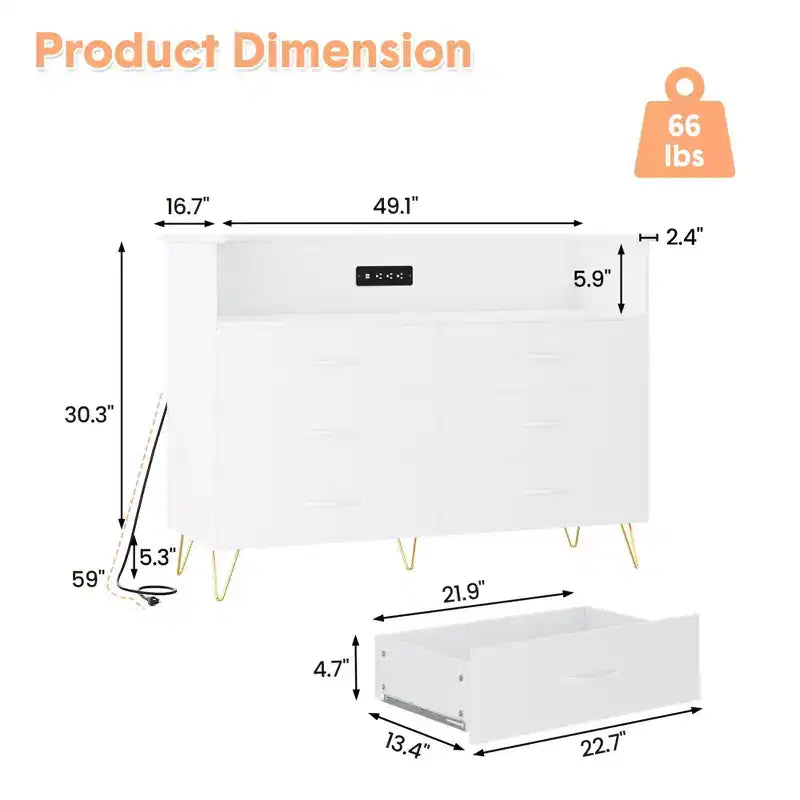 Bedroom vanity with LED lighting and charging station, featuring 6 wooden drawers and 2 tiers of shelving, suitable for living rooms and entryways.