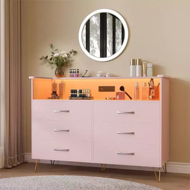 Bedroom vanity with LED lighting and charging station, featuring 6 wooden drawers and 2 tiers of shelving, suitable for living rooms and entryways.