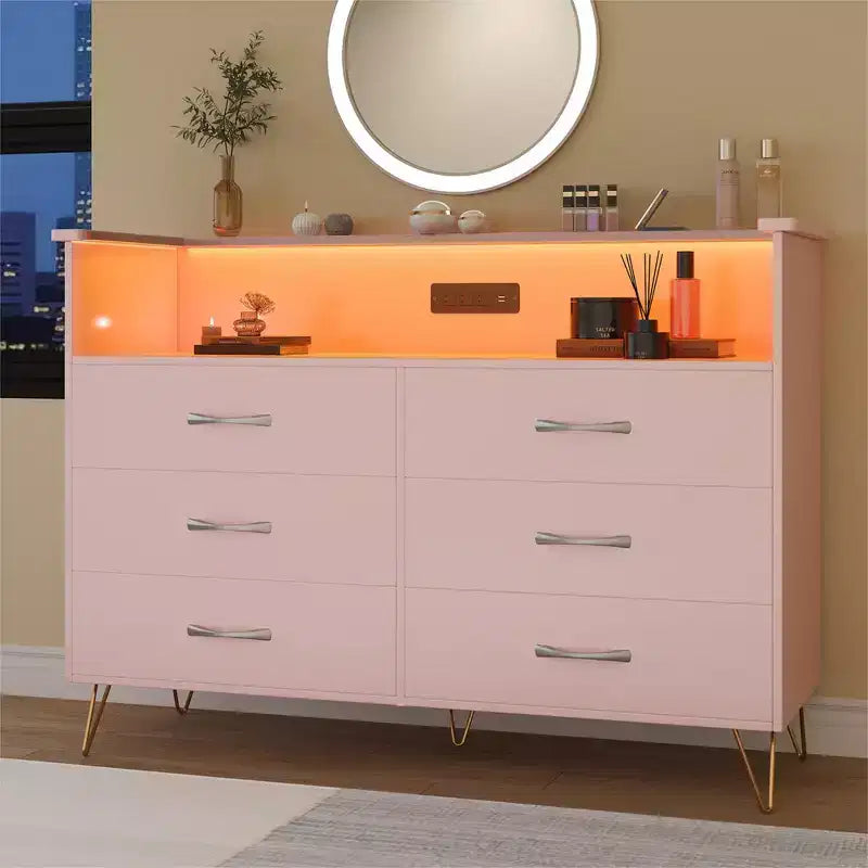 Bedroom vanity with LED lighting and charging station, featuring 6 wooden drawers and 2 tiers of shelving, suitable for living rooms and entryways.