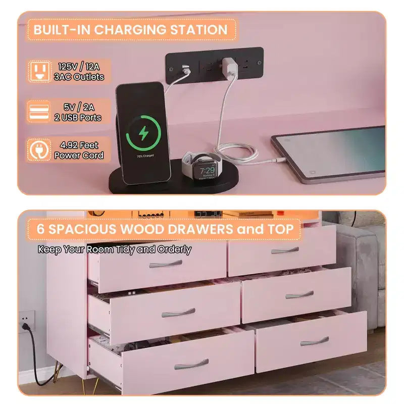 Bedroom vanity with LED lighting and charging station, featuring 6 wooden drawers and 2 tiers of shelving, suitable for living rooms and entryways.