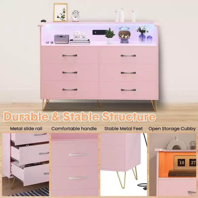 Bedroom vanity with LED lighting and charging station, featuring 6 wooden drawers and 2 tiers of shelving, suitable for living rooms and entryways.
