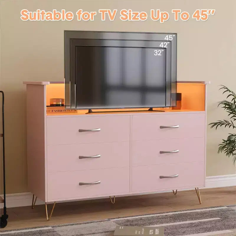 Bedroom vanity with LED lighting and charging station, featuring 6 wooden drawers and 2 tiers of shelving, suitable for living rooms and entryways.