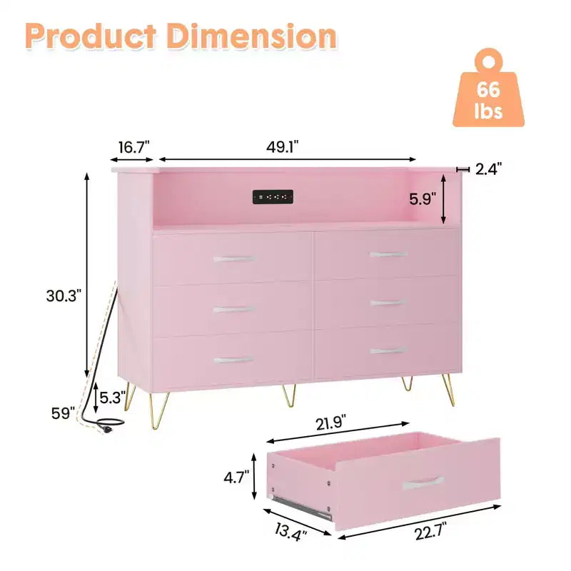 Bedroom vanity with LED lighting and charging station, featuring 6 wooden drawers and 2 tiers of shelving, suitable for living rooms and entryways.