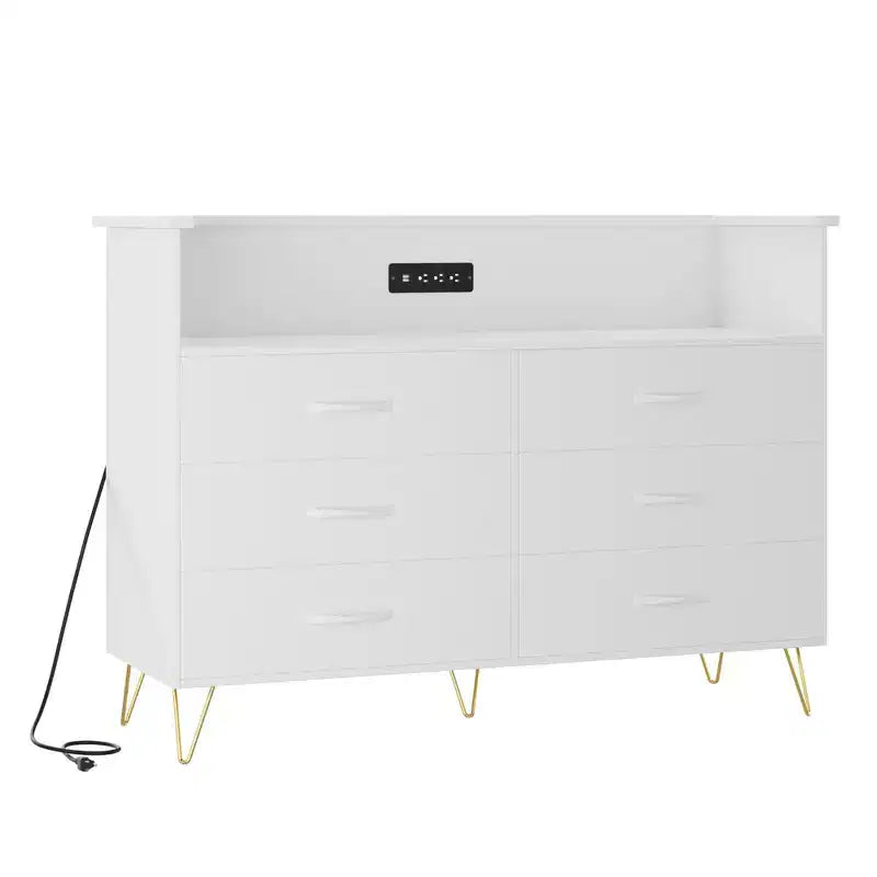 Bedroom vanity with LED lighting and charging station, featuring 6 wooden drawers and 2 tiers of shelving, suitable for living rooms and entryways.