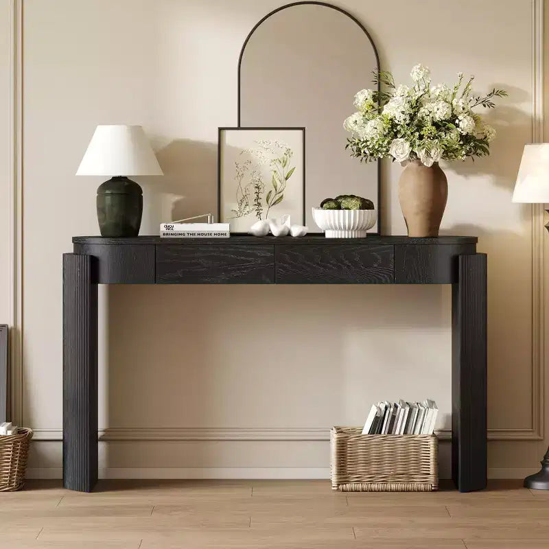 Okak Rustic Wood Grain Console Table with Oval Top & Fluted Legs,Storage Entryway Table Foyer Tables for Entryway,Hallway,Living Room