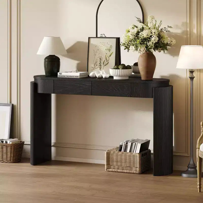 Okak Rustic Wood Grain Console Table with Oval Top & Fluted Legs,Storage Entryway Table Foyer Tables for Entryway,Hallway,Living Room