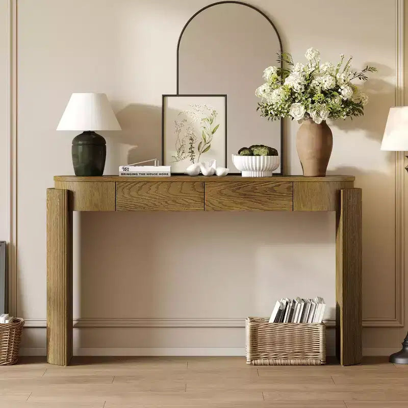 Okak Rustic Wood Grain Console Table with Oval Top & Fluted Legs,Storage Entryway Table Foyer Tables for Entryway,Hallway,Living Room