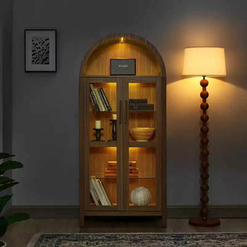 JVNOXK-A high arched storage cabinet with a lamp, a modern retro-style wooden storage cabinet with adjustable glass partitions, Brown
