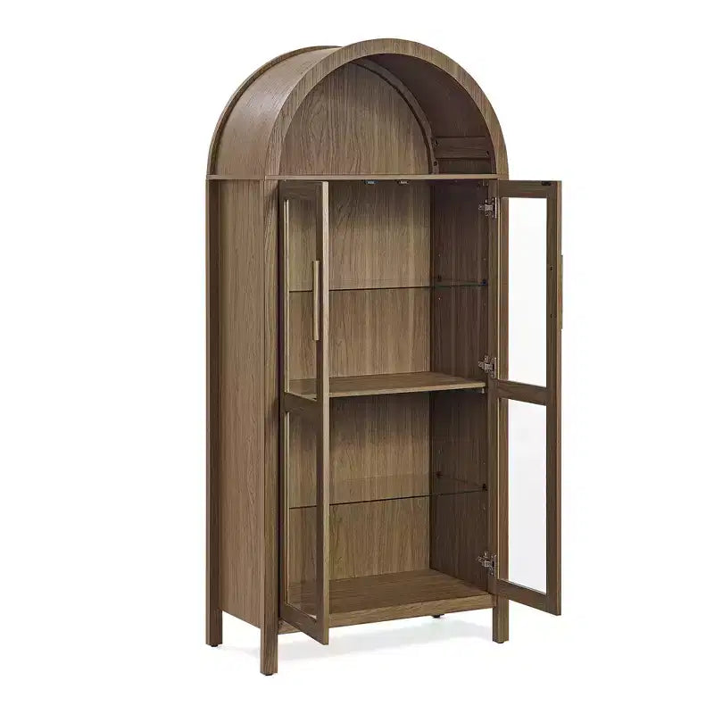 JVNOXK-A high arched storage cabinet with a lamp, a modern retro-style wooden storage cabinet with adjustable glass partitions, Brown
