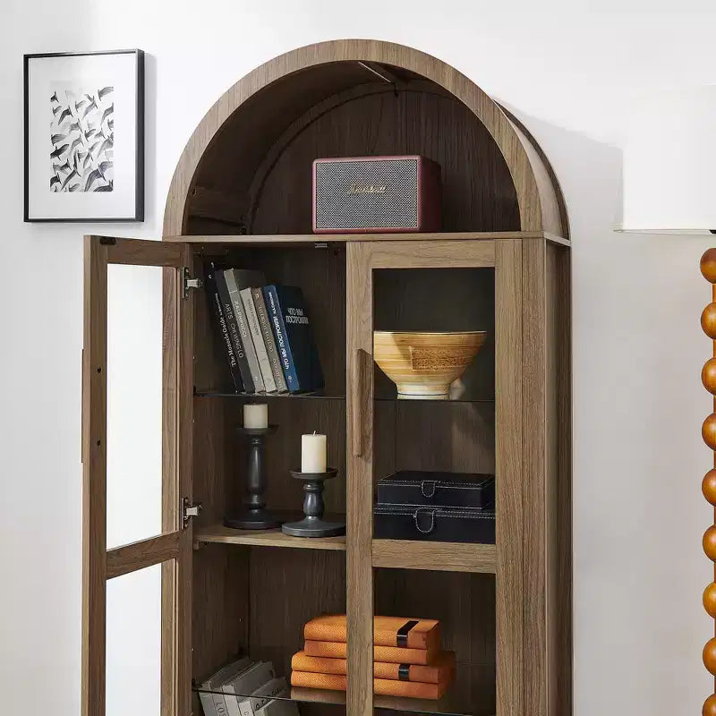 JVNOXK-A high arched storage cabinet with a lamp, a modern retro-style wooden storage cabinet with adjustable glass partitions, Brown