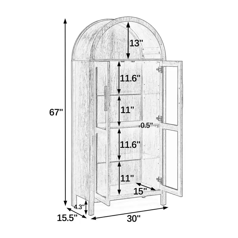 JVNOXK-A high arched storage cabinet with a lamp, a modern retro-style wooden storage cabinet with adjustable glass partitions, Brown