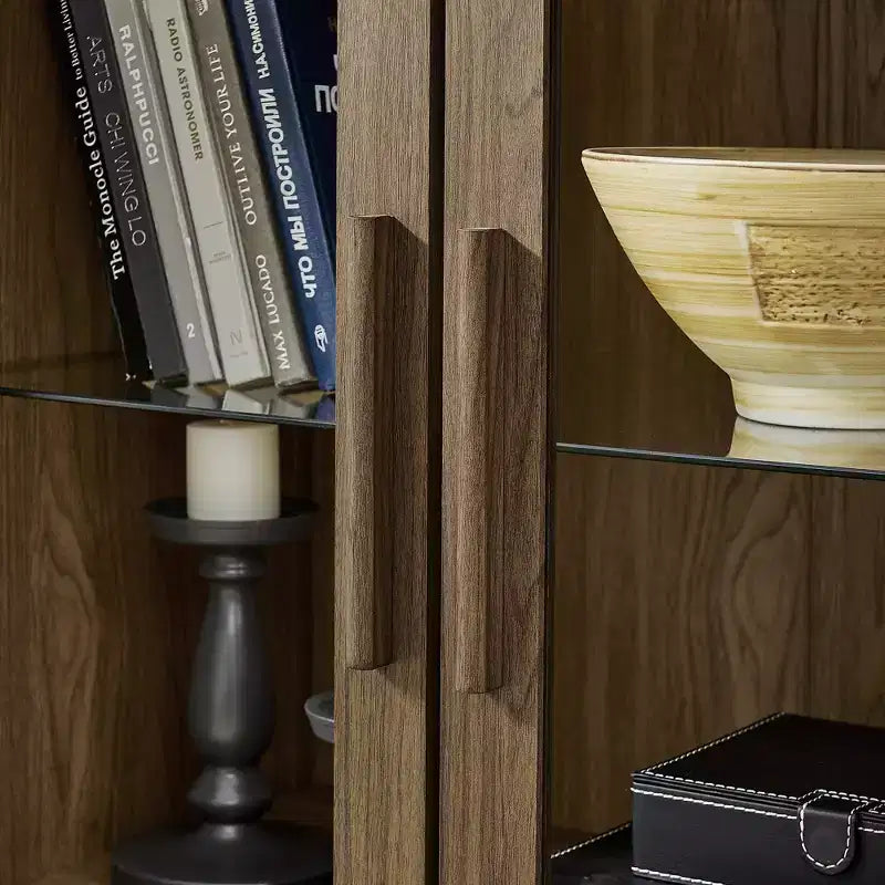 JVNOXK-A high arched storage cabinet with a lamp, a modern retro-style wooden storage cabinet with adjustable glass partitions, Brown