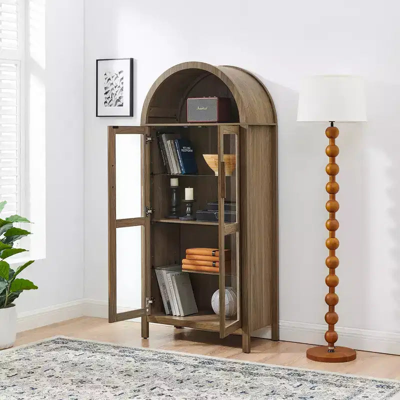 JVNOXK-A high arched storage cabinet with a lamp, a modern retro-style wooden storage cabinet with adjustable glass partitions, Brown