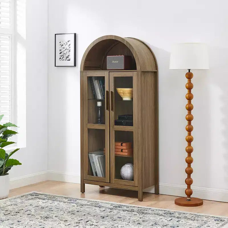 JVNOXK-A high arched storage cabinet with a lamp, a modern retro-style wooden storage cabinet with adjustable glass partitions, Brown