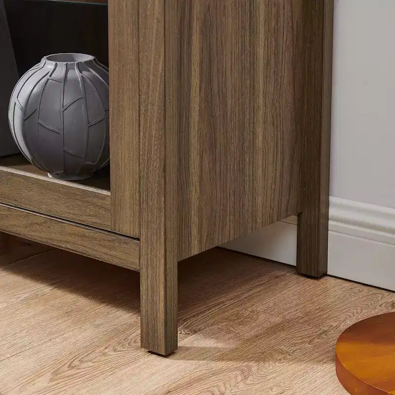 JVNOXK-A high arched storage cabinet with a lamp, a modern retro-style wooden storage cabinet with adjustable glass partitions, Brown