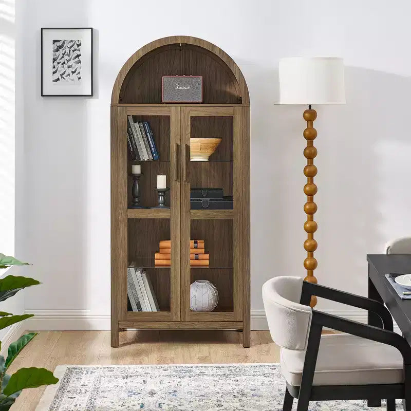 JVNOXK-A high arched storage cabinet with a lamp, a modern retro-style wooden storage cabinet with adjustable glass partitions, Brown