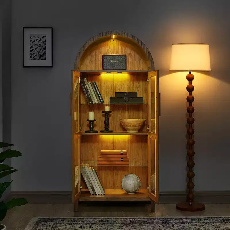 JVNOXK-A high arched storage cabinet with a lamp, a modern retro-style wooden storage cabinet with adjustable glass partitions, Brown